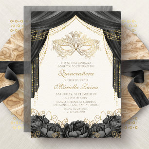 Convite Máscara Elegante de Mascarada Quinceanera Preta