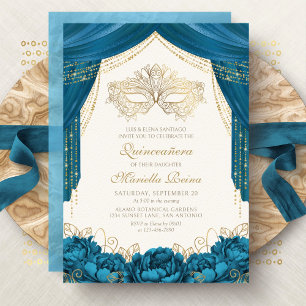 Convite Máscara Elegante de Máscaras Teal Quinceanera