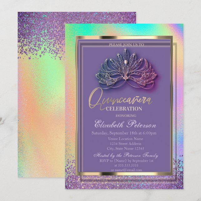 Convite Máscara Elegante Diamantes Arcoíris Holográfico (Frente/Verso)