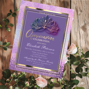 Convite Máscara Elegante Diamantes Holográfica Quinceañera