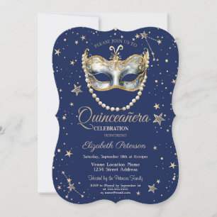 Convite Máscara Elegante Estrelas Azul Marinho Quinceanera