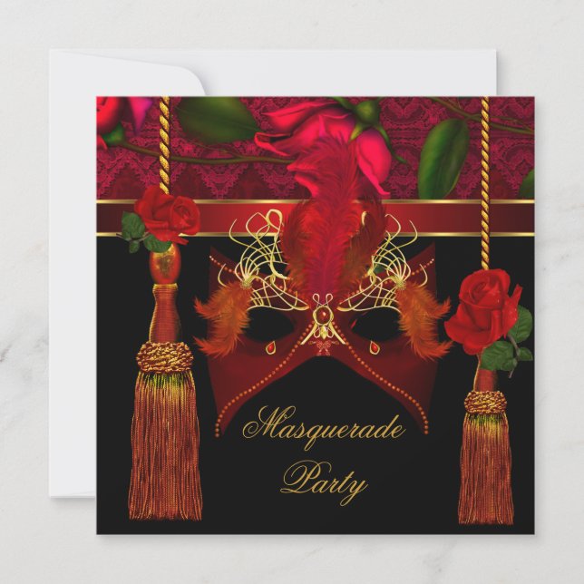 Convite Máscara Elegante Festa Preta Rosa Dourada (Frente)