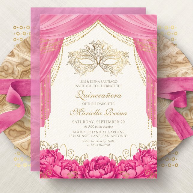 Convite Máscara Elegante Rosa Quinceanera Mascarada (Criador carregado)