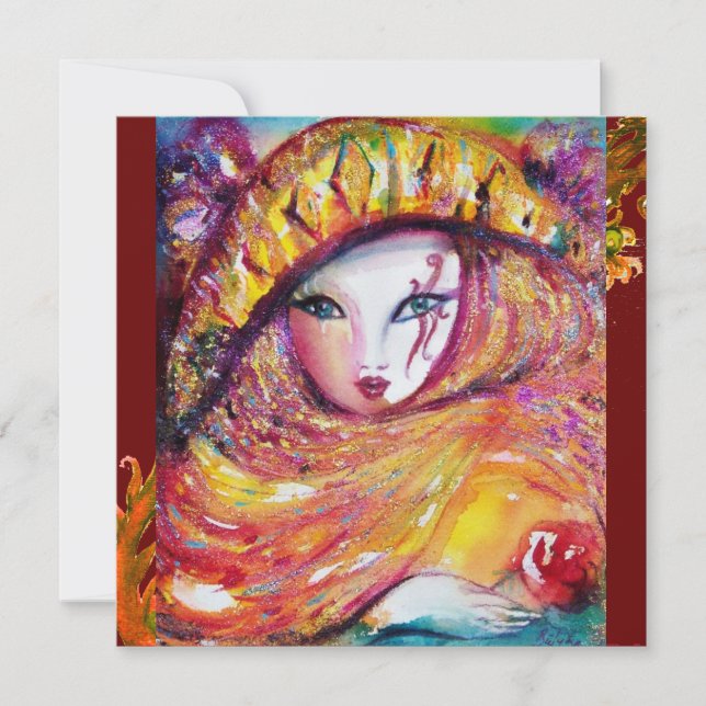 Convite MÁSCARA EM AMARELO, FESTA DE MARDI GRAS roxo verme (Frente)