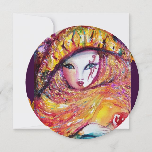 Convite MÁSCARA EM AMARELO, FESTA DE MARDI GRAS vermelho,  (Frente)