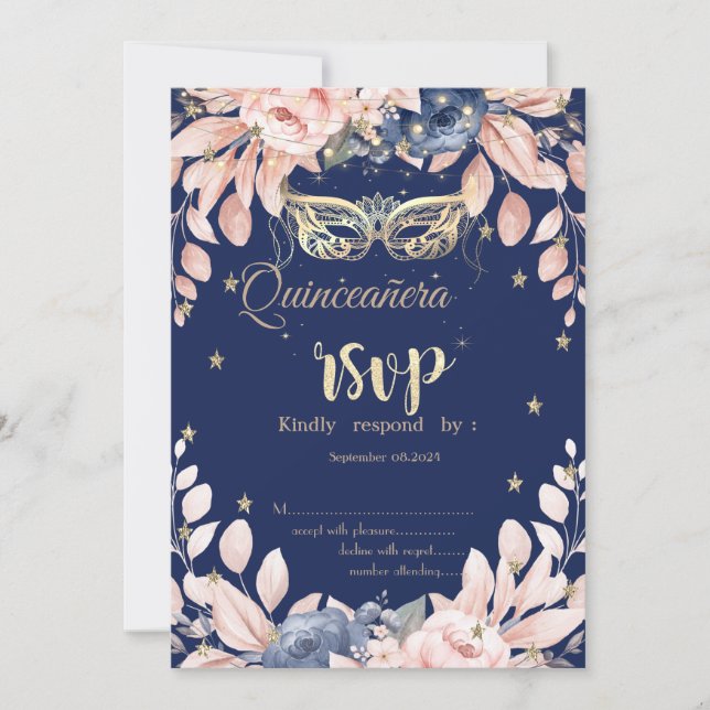 Convite Máscara,Estrelas de Flores Azuis RSVP (Frente)