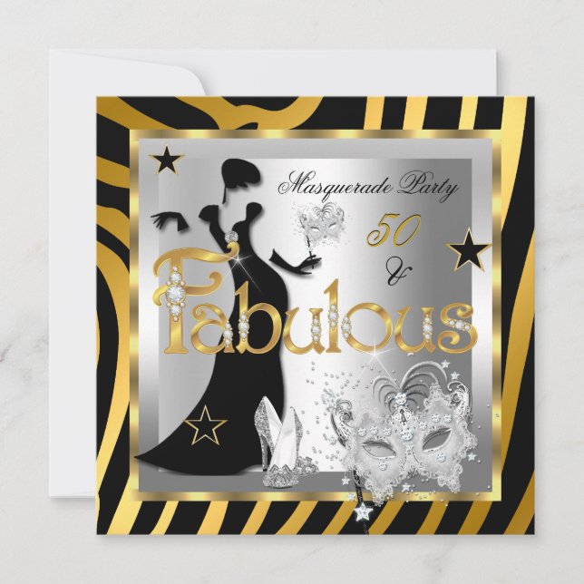 Convite Máscara Fabuloso 50 Zebra Dourado Prata Preto (Frente)
