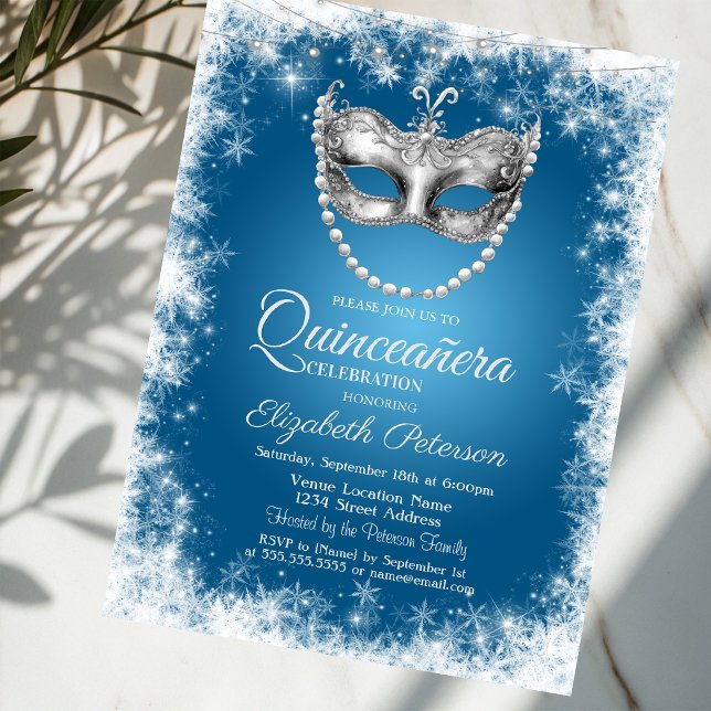 Convite Máscara,Flocos de Neve,Convite Azul de Quinceañera (Criador carregado)
