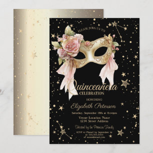 Convite Máscara Floral Elegante Estrelas Preto Dourado Qui