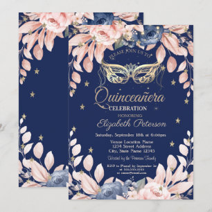Convite Máscara, Flores Azuis, Estrelas Douradas Quinceañe