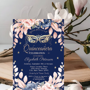 Convite Máscara, Flores Azuis, Estrelas Douradas Quinceañe