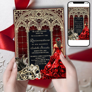 Convite Máscara Gótica Quinceañera Vermelho Dourado