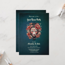 Convite Máscara japonesa decorada com flores.