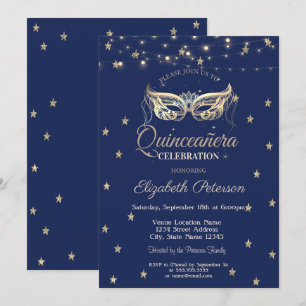Convite Máscara, Luzes de Corda, Estrelas Douradas Quince