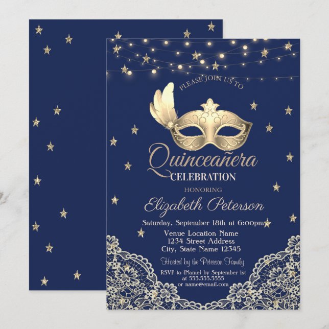 Convite Máscara,Luzes de Corda,Renda,Estrelas Quinceañera (Frente/Verso)