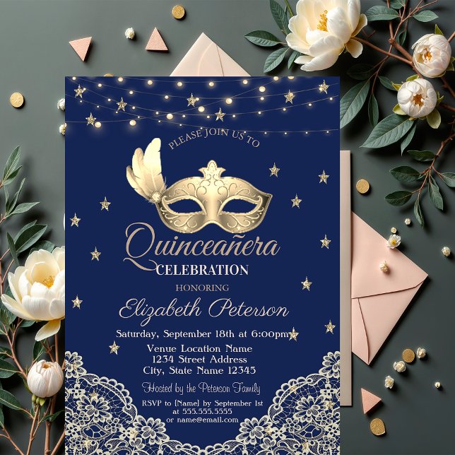 Convite Máscara,Luzes de Corda,Renda,Estrelas Quinceañera (Criador carregado)