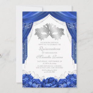 Convite Máscara Mascarada Azul Real Quinceanera