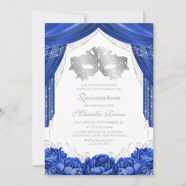 Convite Máscara Mascarada Azul Real Quinceanera (Frente)
