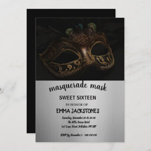 Convite Máscara Mascarada de Prata Negra Doce 16 15 Aniver