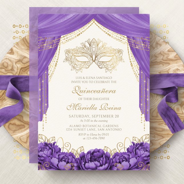 Convite Máscara Mascarada Purple Elegante Quinceanera (Criador carregado)