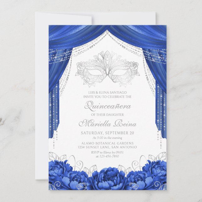 Convite Máscara Mascarada Royal Blue Quinceanera (Frente)
