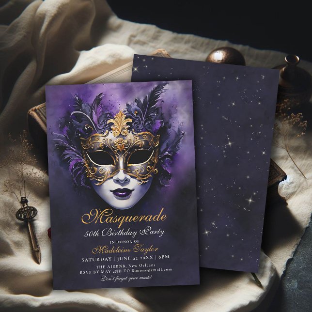 Convite Máscara mascarada Venetiana Dourada Roxo 50º Anive (masquerade birthday party 50th for women venetian mask purple gold elegant modern classy)