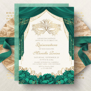 Convite Máscara Mascarada Verde Esmeralda Quinceanera