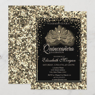 Convite Máscara Moderna Elegante Dourada com Lantejoulas Q