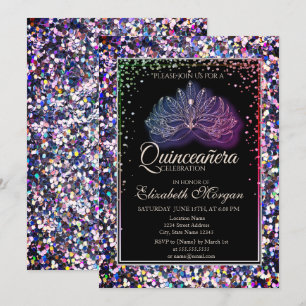 Convite Máscara Moderna Elegante, Quinceanera Lantejoulas