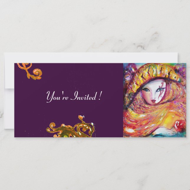 Convite MÁSCARA NO AMARELO, FESTA MARDI GRAS, vermelho rox (Frente)