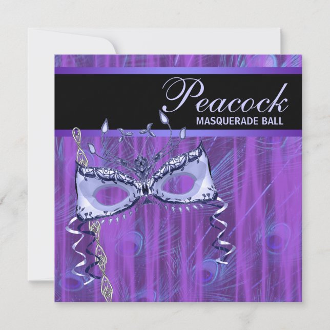 Convite Máscara Penas de Pavão Roxo Festa de Mascarada (Frente)