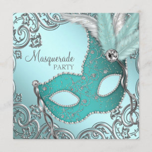 Convite Máscara Prateada Azul Verde Festa de Mascarada