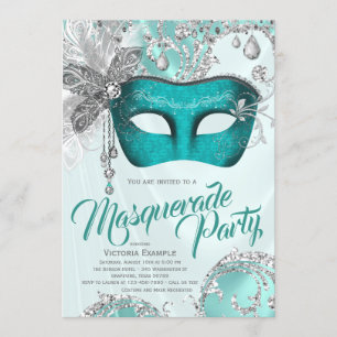 Convite Máscara Prateada Azul Verde Festa de Mascarada