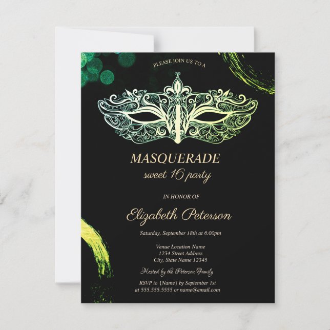 Convite Máscara Preta Elegante, Mascarada Doce 16 (Frente)