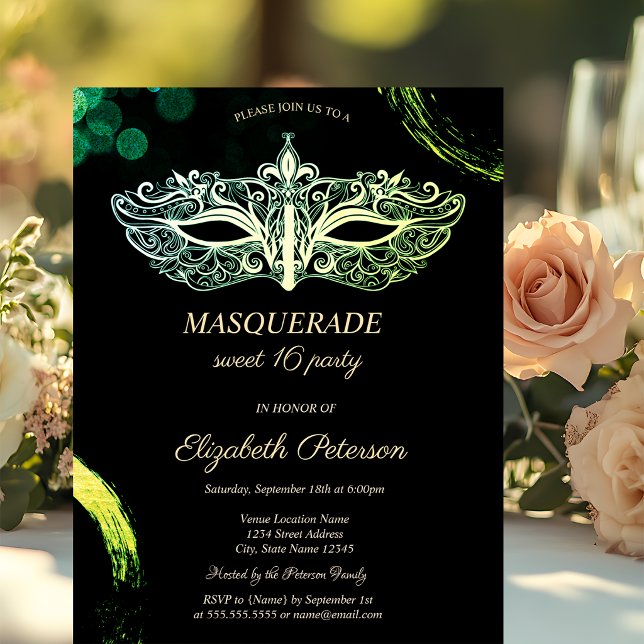 Convite Máscara Preta Elegante, Mascarada Doce 16 (Criador carregado)