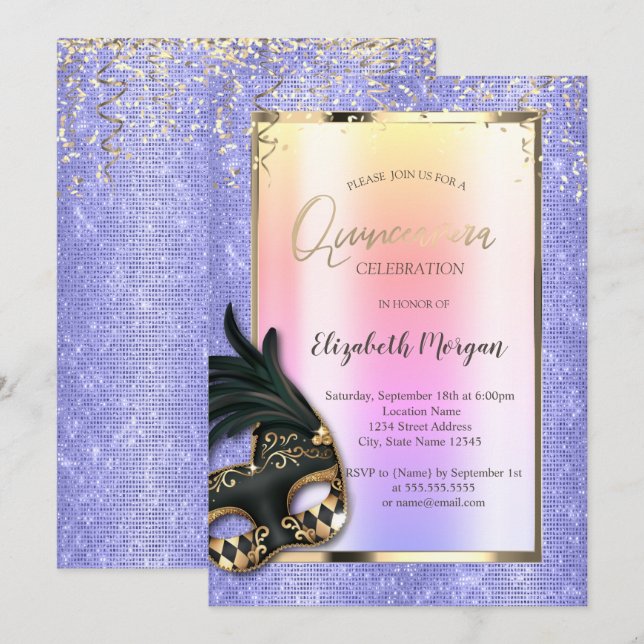 Convite Máscara Preta Mascarada Lavanda Quinceañera (Frente/Verso)