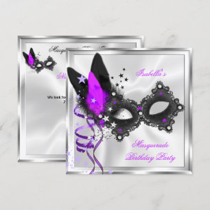 Convite Máscara Preta Prata Roxo Brilho Festa à Fantasia