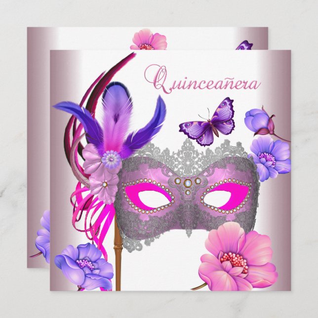 Convite Máscara Púrpura Cor-de-rosa branca Quinceanera 15 (Frente/Verso)