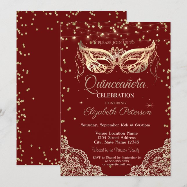 Convite Máscara, Renda, Diamantes Quinceañera (Frente/Verso)