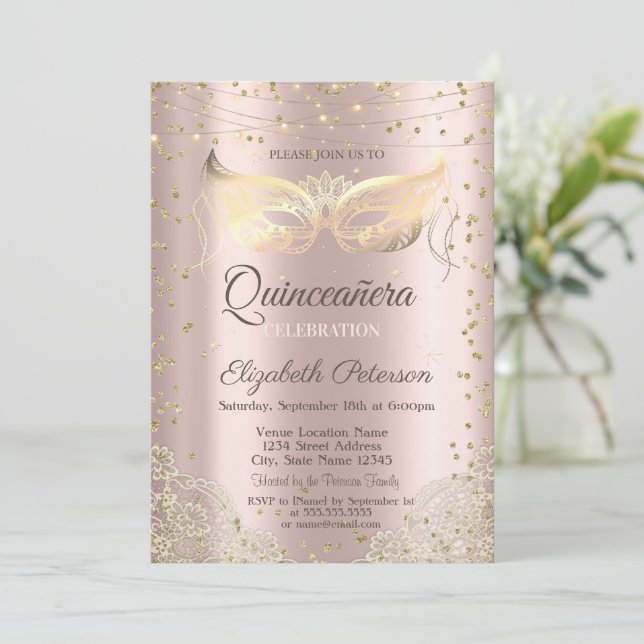 Convite Máscara, Rosa Dourada com Renda Quinceañera (Em pé/Frente)