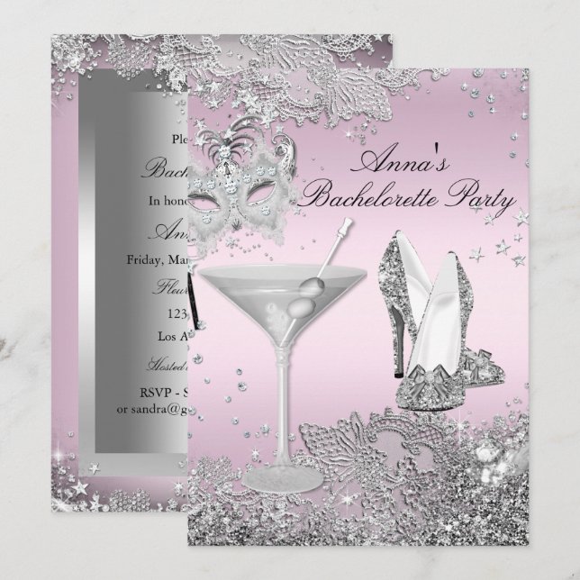 Convite Máscara Rosa Prata & Convidar para Festa de Desped (Frente/Verso)