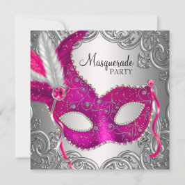 Convite Máscara Rosa Quente e Prata Festa de Mascarada