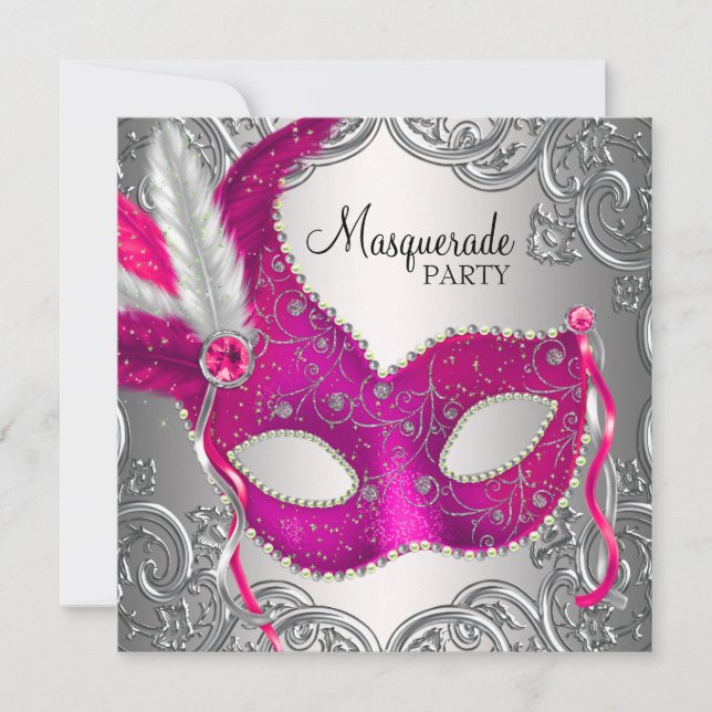 Convite Máscara Rosa Quente e Prata Festa de Mascarada (Frente)