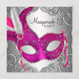 Convite Máscara Rosa Quente e Prata Festa de Mascarada