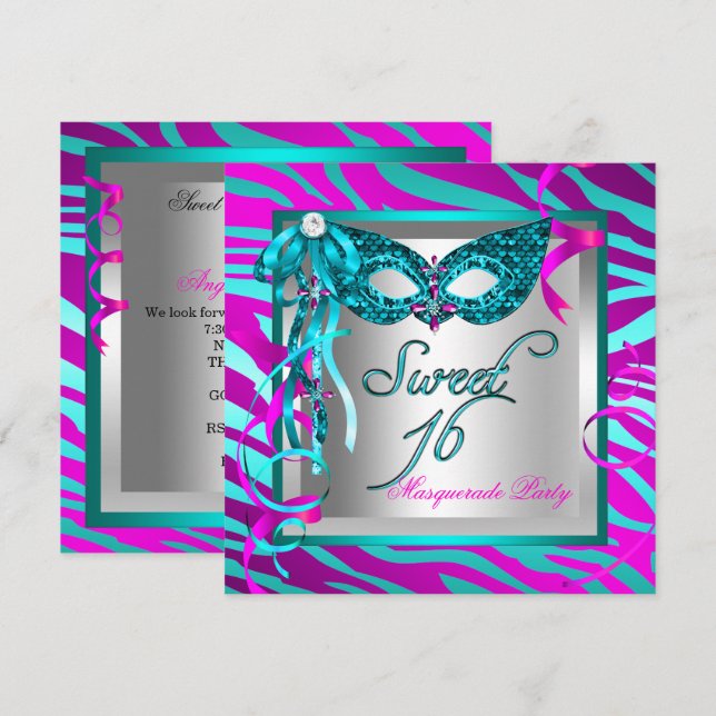 Convite Máscara Rosa Quente Zebra Azul Turquesa Doce 16 De (Frente/Verso)