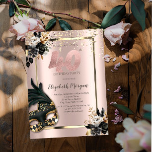 Convite Máscara Rosas Pretas Confete Rosa Dourado 40º