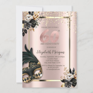 Convite Máscara Rosas Pretas Confete Rosa Dourado 60º