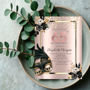 Convite Máscara Rosas Pretas Confete Rosa Dourado 65º
