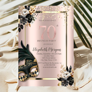 Convite Máscara Rosas Pretas Confete Rosa Dourado 70º