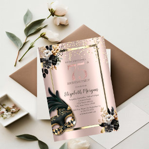 Convite Máscara Rosas Pretas Confete Rosa Dourado 75º